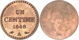 FRANCE
IIe République (1848-1852). 1 centime 1848, essai uniface du revers.
Av. Valeur et date. Rv. champ lisse.
Maz 1199v
PCGS SP 64 RB. Fleur de...
