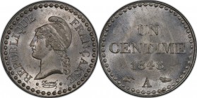 FRANCE
IIe République (1848-1852). 1 centime 1848, essai en bronze argenté.
Av. Tête de la République à gauche. Rv. Valeur et date.
Maz. 1199 var....