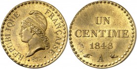FRANCE
IIe République (1848-1852). 1 centime 1848, essai en laiton.
Av. Tête de la République à gauche. Rv. Valeur et date.
Maz. 1199 var.
PCGS SP...