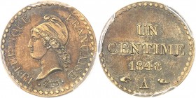 FRANCE
IIe République (1848-1852). 1 centime 1848, essai en laiton.
Av. Tête de la République à gauche. Rv. Valeur et date.
Maz. 1199 var.
PCGS SP...
