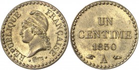 FRANCE
IIe République (1848-1852). 1 centime 1850, essai en laiton.
Av. Tête de la République à gauche. Rv. Valeur et date.
Maz. 1201 var.
PCGS SP...