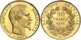 FRANCE
Louis Napoléon Bonaparte (1851-1852). 20 francs 1852 A, Paris.
Av. Tête nue à droite. Rv. Valeur dans une couronne.
G. 1060, Fr. 568.
PCGS ...