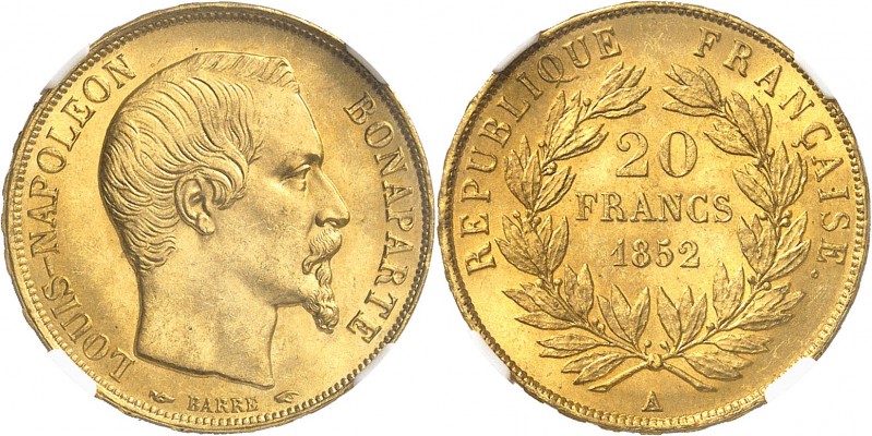 FRANCE
Louis Napoléon Bonaparte (1851-1852). 20 francs 1852 A, Paris.
Av. Tête...