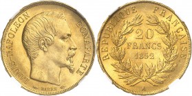 FRANCE
Louis Napoléon Bonaparte (1851-1852). 20 francs 1852 A, Paris.
Av. Tête nue à droite. Rv. Valeur dans une couronne.
G. 1060, Fr. 568.
NGC M...