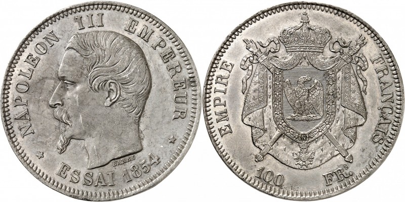 FRANCE
Napoléon III (1852-1870). 100 francs 1854, essai en étain par Barre.
Av...
