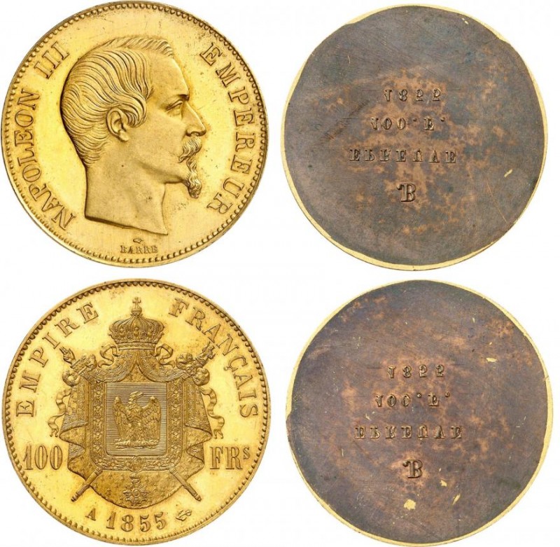 FRANCE
Napoléon III (1852-1870). 100 francs 1855, paire d’épreuves unifaces en ...