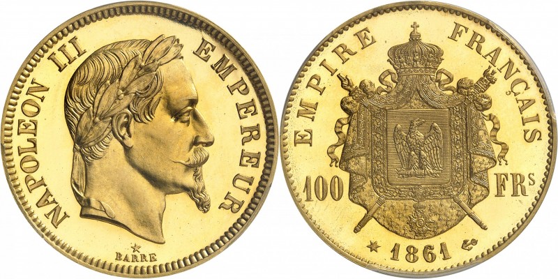 FRANCE
Napoléon III (1852-1870). 100 francs 1861 E, essai sur flan bruni tranch...