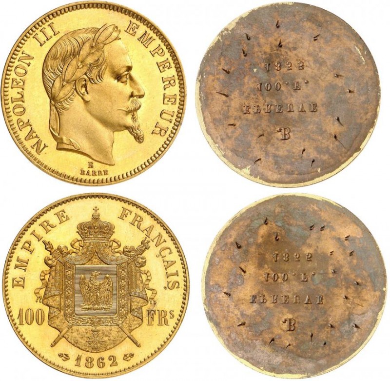 FRANCE
Napoléon III (1852-1870). 100 francs 1862 E, paire d’épreuves unifaces e...