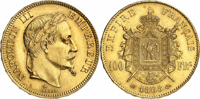 FRANCE
Napoléon III (1852-1870). 100 francs 1868 BB, Strasbourg.
Av. Tête laur...