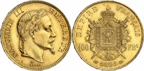 FRANCE
Napoléon III (1852-1870). 100 francs 1868 BB, Strasbourg.
Av. Tête laurée à droite. Rv. Armoiries impériales posées sur un manteau.
G. 1136,...