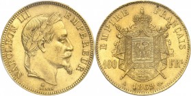FRANCE
Napoléon III (1852-1870). 100 francs or 1869 A, Paris.
Av. Tête laurée à droite. Rv. Armoiries impériales posées sur un manteau.
G. 1136, Fr...