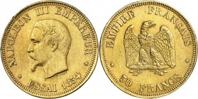 FRANCE
Napoléon III (1852-1870). 50 francs 1854, essai en étain doré.
Av. Tête nue à gauche Rv impérial.
Maz. 1605a.
Petits chocs sur la tranche, ...