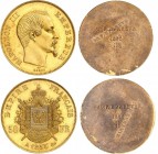 FRANCE
Napoléon III (1852-1870). 50 francs 1855, paire d’épreuves unifaces en bronze doré sur flan bruni, tranche lisse.
Av. Tête nue à droite Rv. «...