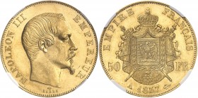 FRANCE
Napoléon III (1852-1870). 50 francs 1857 A, Paris.
Av. Tête nue à droite. Rv. Armoiries impériales posées sur un manteau.
G. 1111, Fr. 571....