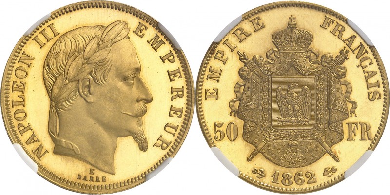 FRANCE
Napoléon III (1852-1870). 50 francs 1862 E, essai sur flan bruni tranche...