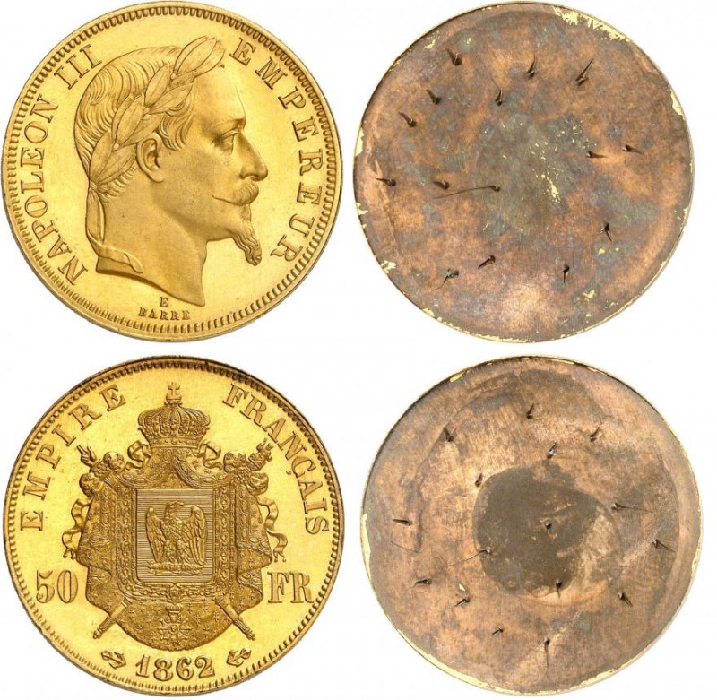 FRANCE
Napoléon III (1852-1870). 50 francs 1862 E, paire d’essais unifaces en b...