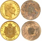 FRANCE
Napoléon III (1852-1870). 50 francs 1862 E, paire d’essais unifaces en bronze doré.
Av. Tête nue à droite. Rv. Lisse. / Av. Armoiries impéria...