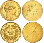 FRANCE
Napoléon III (1852-1870). 20 francs 1855 A, Paris, paire d’essais unifaces en bronze doré.
Av. Tête laurée à droite. Rv. «20 F CLICHÉ AB. 185...