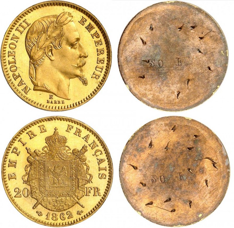 FRANCE
Napoléon III (1852-1870). 20 francs 1862 E, essai, paire d’essais unifac...