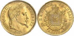 FRANCE
Napoléon III (1852-1870). 20 francs or 1870 A, Paris.
Av. Tête laurée à droite. Rv. Armoiries impériales posées sur un manteau.
G. 1062.
To...