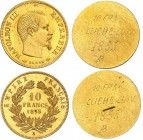 FRANCE
Napoléon III (1852-1870). 10 francs 1855 A, Paris, essai, paire d’essais unifaces en bronze doré.
Av. Tête laurée à droite. Rv. «10 F CLICHÉ ...