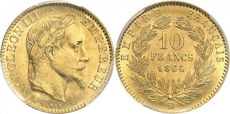 FRANCE
Napoléon III (1852-1870). 10 francs 1864 BB, Strasbourg, grand BB.
Av. ...