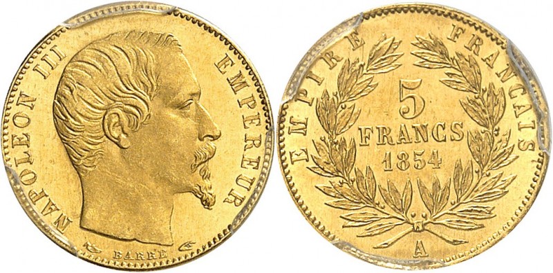 FRANCE
Napoléon III (1852-1870). 5 francs or petit module 1854 A, Paris.
Av. T...