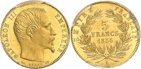 FRANCE
Napoléon III (1852-1870). 5 francs or petit module 1854 A, Paris.
Av. Tête nue à droite. Rv. Valeur dans une couronne.
G. 1000, Fr. 578.
To...