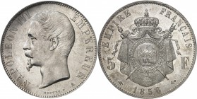 FRANCE
Napoléon III (1852-1870). 5 francs argent 1856 A, Paris.
Av. Tête nue à gauche. Rv. Armoiries impériales posées sur un manteau.
G. 734.
PCG...