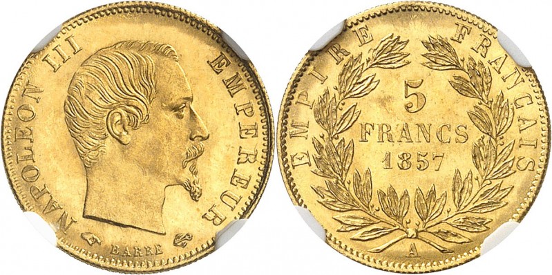 FRANCE
Napoléon III (1852-1870). 5 francs or 1857 A, Paris.
Av. Tête nue à gau...