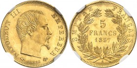 FRANCE
Napoléon III (1852-1870). 5 francs or 1857 A, Paris.
Av. Tête nue à gauche. Rv. Valeur dans une couronne.
G. 734.
Top pop : Plus haut grade...