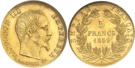 FRANCE
Napoléon III (1852-1870). 5 francs or 1859 A, Paris.
Av. Tête nue à droite. Rv. Valeur dans une couronne.
G. 1001. Fr. 501. 1,61 g.
Top pop...
