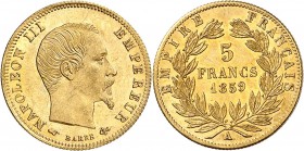 FRANCE
Napoléon III (1852-1870). 5 francs or 1859 A, Paris.
Av. Tête nue à droite. Rv. Valeur dans une couronne.
G. 1001. Fr. 501. 1,61 g.
PCGS MS...