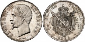 FRANCE
Napoléon III (1852-1870). 5 francs 1854 A, Paris.
Av. Tête nue à gauche. Rv. Armoiries impériales posées sur un manteau.
G. 734.
PCGS AU De...