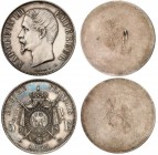 FRANCE
Napoléon III (1852-1870). 5 francs 1855 A, Paris, paire d’essais unifaces en bronze argenté.
Av. Tête nue à gauche. Rv. «5F» en miroir. Av. A...