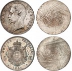 FRANCE
Napoléon III (1852-1870). 5 francs 1855 A, Paris, paire d’essais unifaces en bronze argenté.
Av. Tête nue à gauche. Rv. Champ lisse gratté. /...