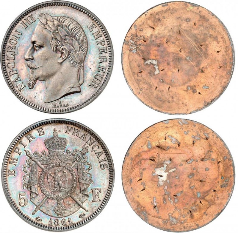 FRANCE
Napoléon III (1852-1870). 5 francs 1861, paire d’essais unifaces en bron...