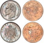 FRANCE
Napoléon III (1852-1870). 5 francs 1861, paire d’essais unifaces en bronze argenté, tranche lisse.
Av. Tête laurée à gauche. Rv. Champ lisse....