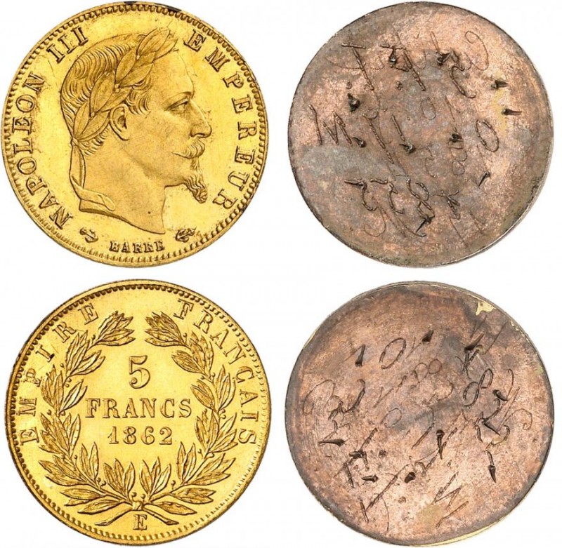 FRANCE
Napoléon III (1852-1870). 5 francs 1862 E, essai, paire d’essais uniface...