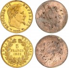 FRANCE
Napoléon III (1852-1870). 5 francs 1862 E, essai, paire d’essais unifaces en bronze doré.
Av. Tête laurée à droite. Rv. 5 FR AB 1855 en miroi...