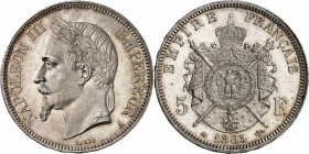 FRANCE
Napoléon III (1852-1870). 5 francs 1865 A, Paris.
Av. Tête laurée à gauche. Rv. Armoiries impériales posées sur un manteau.
G. 739.
PCGS MS...