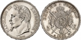 FRANCE
Napoléon III (1852-1870). 5 francs 1866 A, Paris.
Av. Tête laurée à gauche. Rv. Armoiries impériales posées sur un manteau.
G. 739.
PCGS Ge...