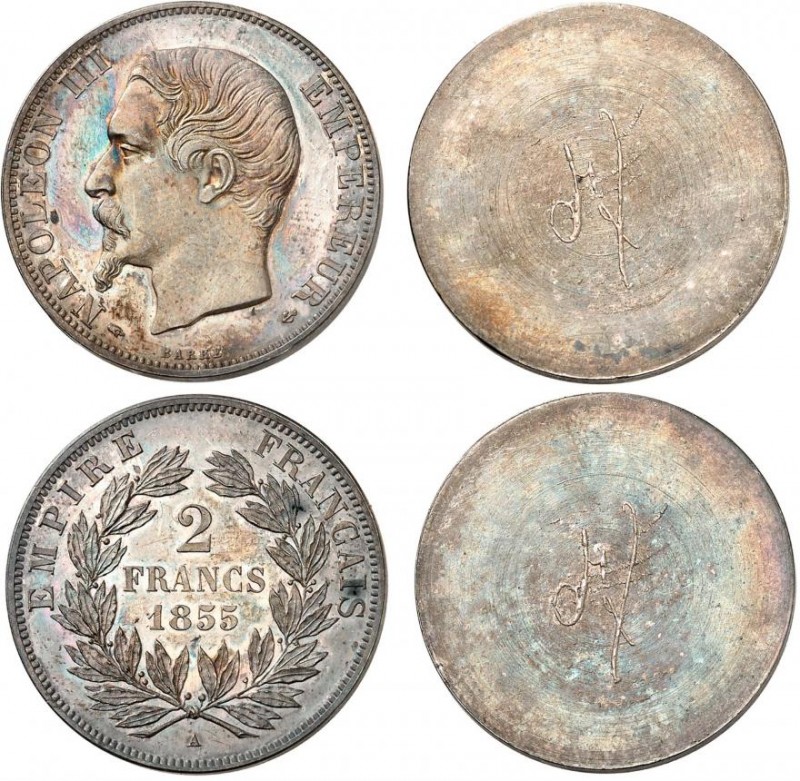 FRANCE
Napoléon III (1852-1870). 2 francs 1855 A, Paris, paire d’essais uniface...