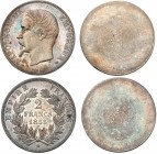 FRANCE
Napoléon III (1852-1870). 2 francs 1855 A, Paris, paire d’essais unifaces en bronze argenté.
Av. Tête laurée à gauche. Rv. 2F en miroir. Av. ...