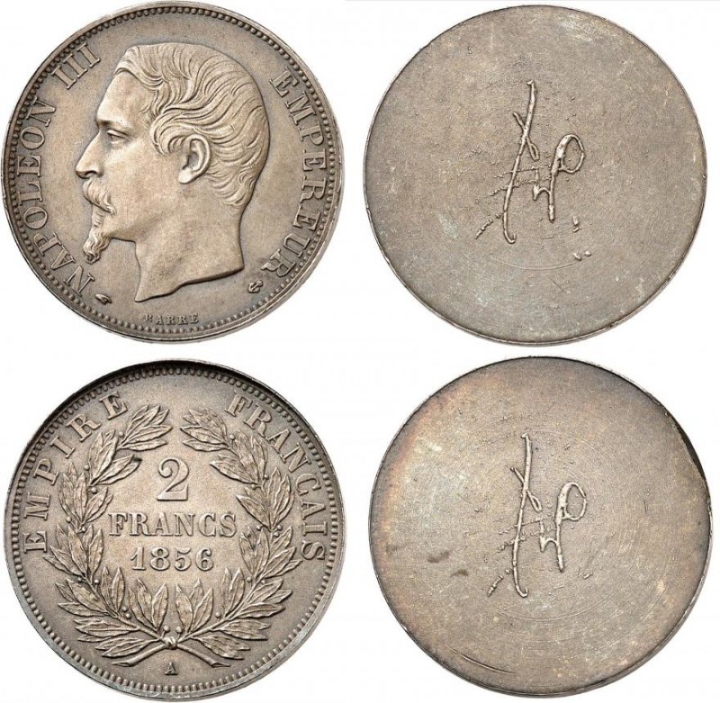 FRANCE
Napoléon III (1852-1870). 2 francs 1856 A, Paris paire d’essais unifaces...