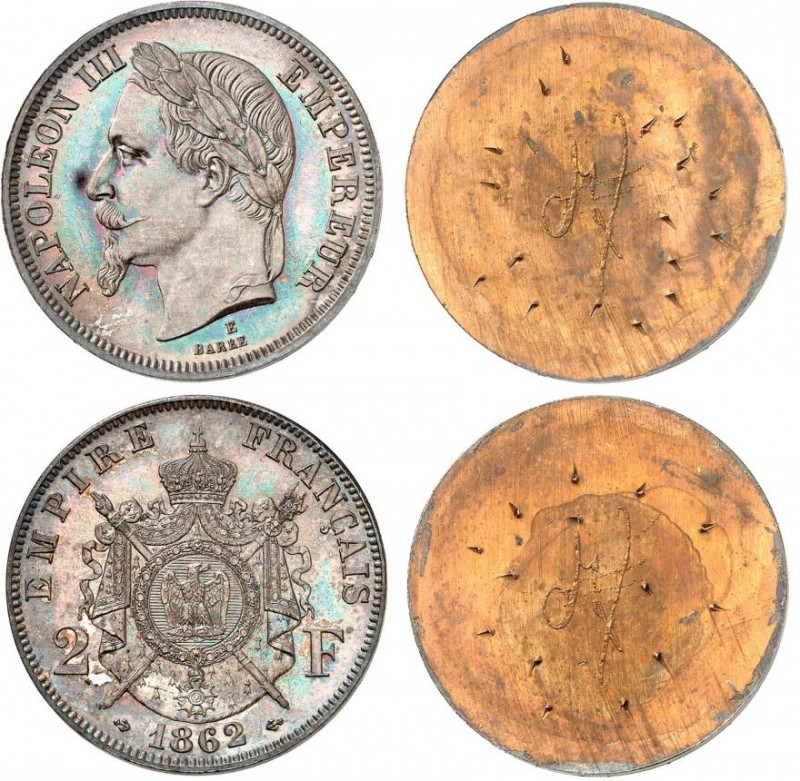 FRANCE
Napoléon III (1852-1870). 2 francs 1862, paire d’essais unifaces en bron...