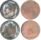 FRANCE
Napoléon III (1852-1870). 2 francs 1862, paire d’essais unifaces en bronze argenté.
Av. Tête laurée à gauche. Rv. 2F en miroir. Av. Armoiries...