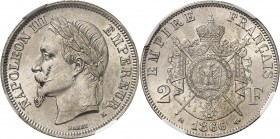 FRANCE
Napoléon III (1852-1870). 2 francs 1866 K, Bordeaux.
Av. Tête laurée à gauche. Rv. Armoiries impériales posées sur un manteau.
G. 527.
NGC ...