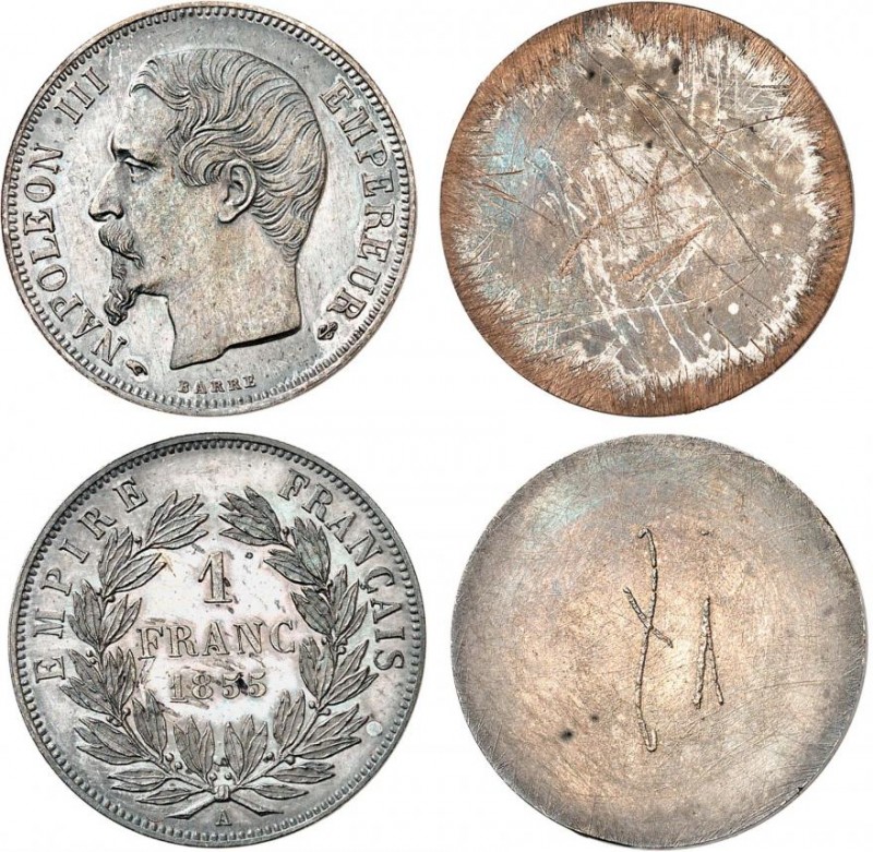 FRANCE
Napoléon III (1852-1870). 1 franc 1855 A, Paris, paire d’essais unifaces...