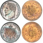 FRANCE
Napoléon III (1852-1870). 1 franc 1862, paire d’essais unifaces en bronze argenté, tranche lisse.
Av. Tête laurée à gauche. Rv. Champ lisse. ...